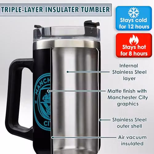 Get Trend Manchester City Insulated Stainless Steel Tumbler with Straw and Handle, 850ml, Black – 4