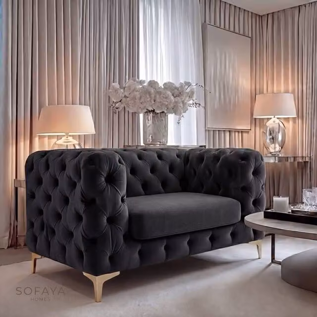 Sofaya Monaco Chesterfield Velvet Armchair in Black – 1