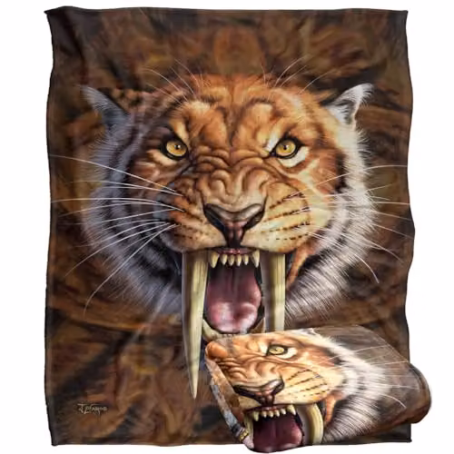 JQ Licensing Jlo Saber-Toothed Tiger Silky Touch Super Soft Fleece Throw Blanket, White, W/D/H: 152 x 127 cm
