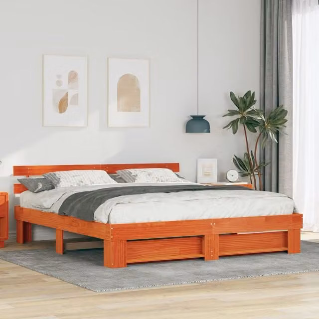 Berkfield Home Brown Solid Pine Wood Bed with Headboard W/D/H: 200 x 200 cm