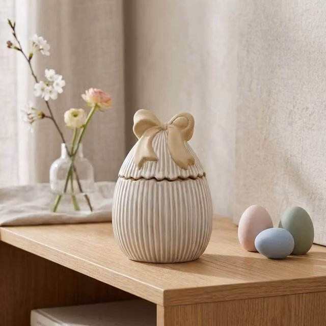 Garden Greatness Springtime Egg Shaped Porcelain Ceramic Jar with Decorative Bow in White and Multicolour