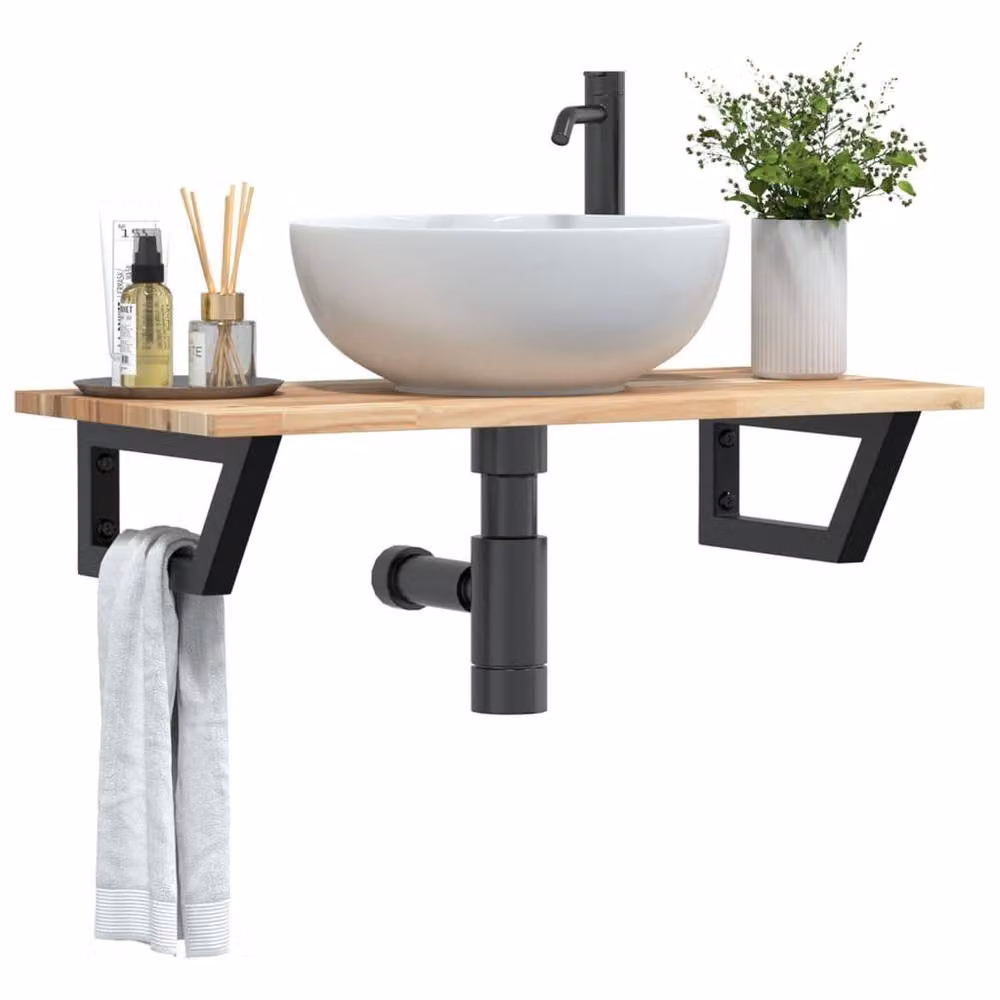 Berkfield Home Elegant Wall Mounted Basin Shelf in Brown Acacia Wood and Black Steel