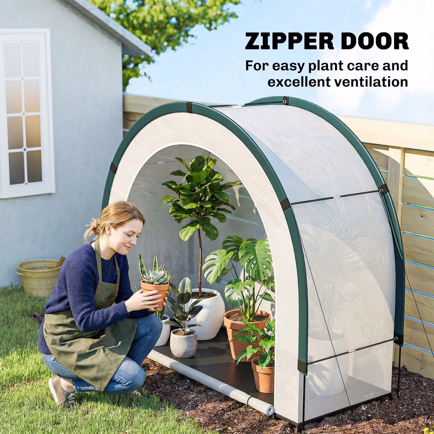 Outsunny Foldable Small Green House with Zipper Door and PE Base, Green, W/D/H: 200 x 80 x 164 cm – 5
