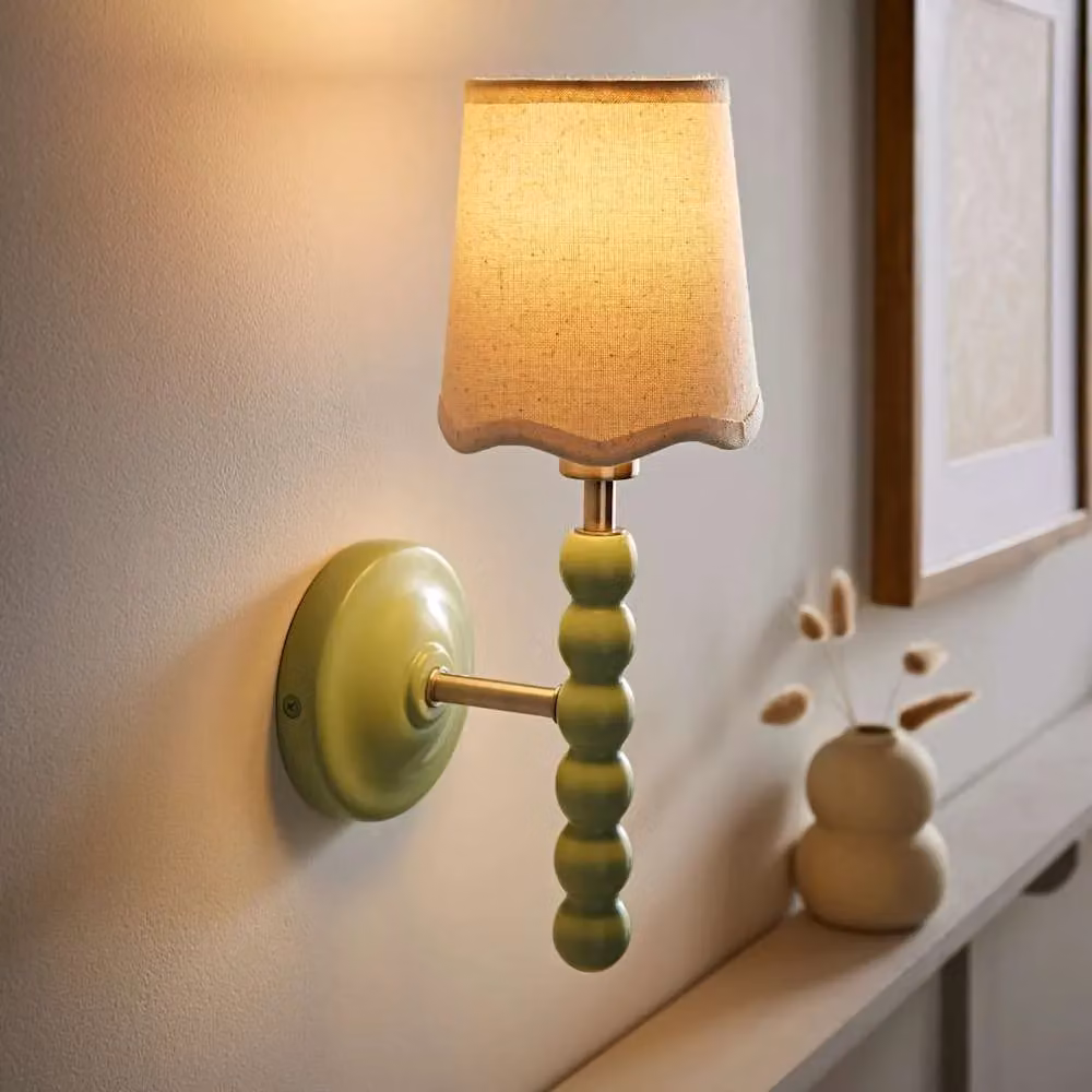 ValueLights Bobbins Pair of Green Wall Lights with Fabric Shades – 2