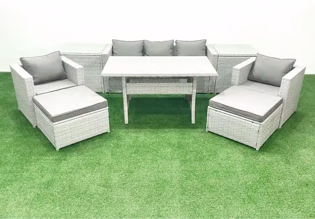 Fimous 7-Seater Outdoor Rattan Furniture Set with Cushions and Glass Dining Table in Light Grey Mixed