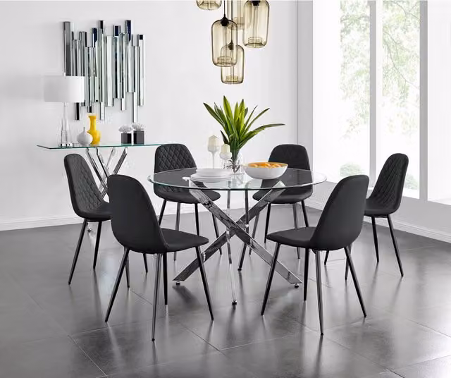 FurnitureboxUK Novara Round Glass Dining Table and Six Corona Black Faux Leather Chairs Set - Black