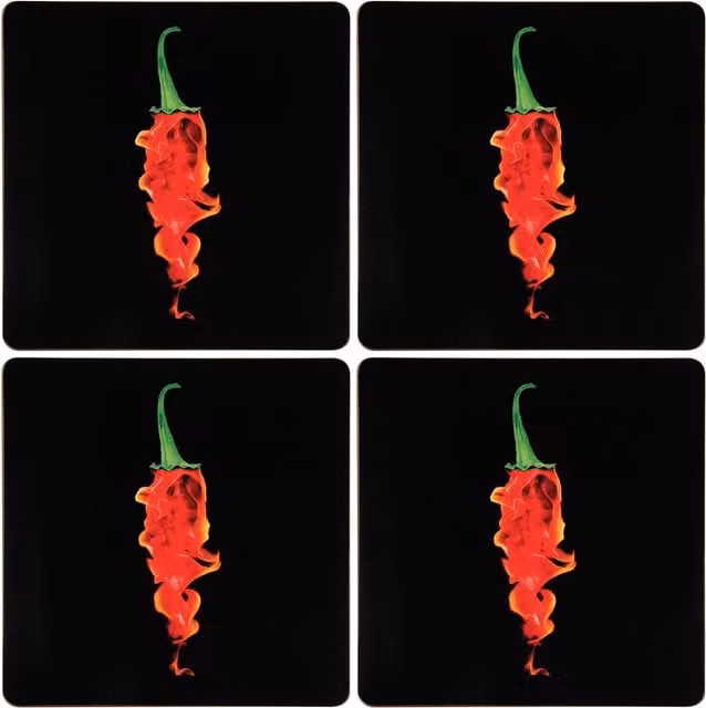 Orsina Set of Four Graphic Flaming Chilli Placemats in Black and Red with Cork Base