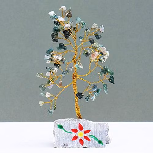 Ancient Wisdom Moss Agate Gemstone Tree in Green with 80 Stones