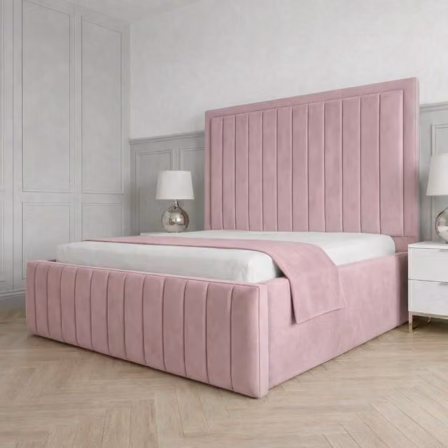 Living Comfort Bedz Sovereign Pink Velvet Upholstered Gas Lift Storage Bed with 48 Inch Headboard, Super King Size (200 x 200 cm)