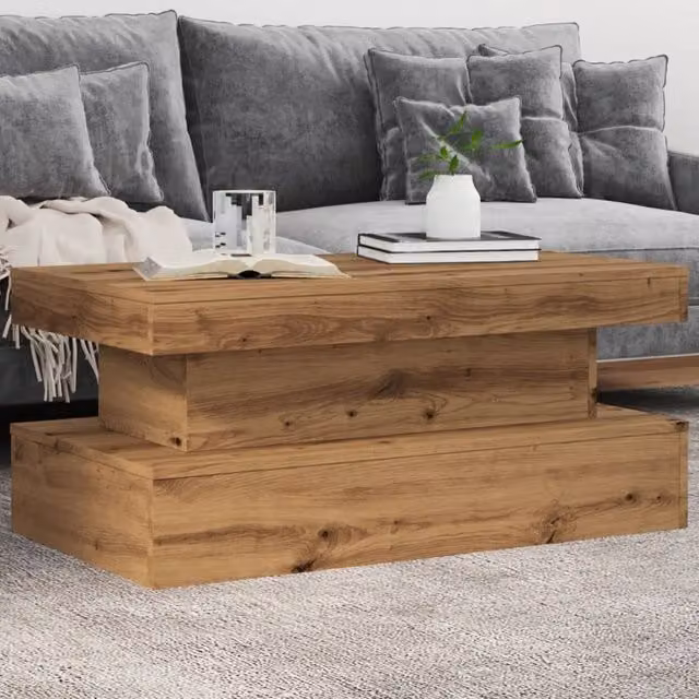 Berkfield Home Artisan Oak Coffee Table with LED Lights in Brown, W: 90 cm, D: 50 cm, H: 40 cm