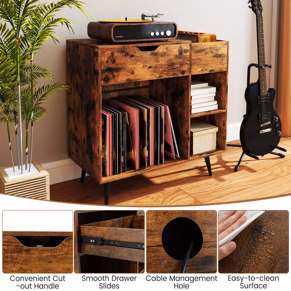 Gymax Brown Wooden Record Player Stand with Power Strip and 3 Media Dividers – 6