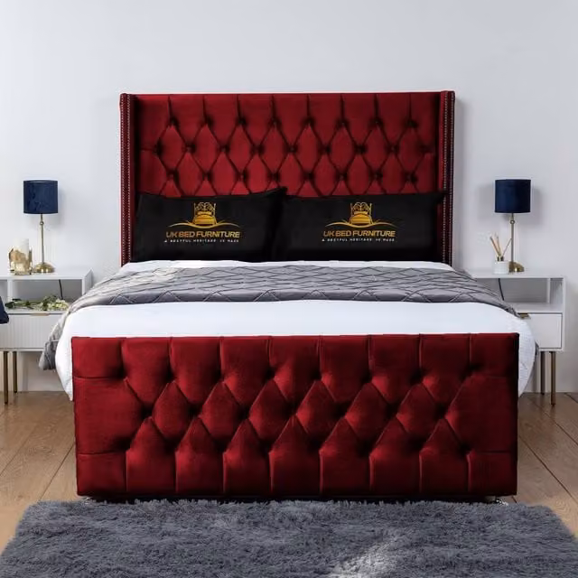UK Bed Furniture Emily Wingback Divan Bed with 54 Inch Diamond Headboard in Red Velvet, Size: King, W/D/H: 180 x 200 cm