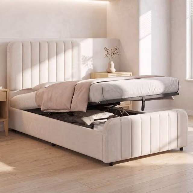 STILVORA Single Ottoman Bed with Hydraulic Storage, Beige, W/D/H: 90 x 190 cm