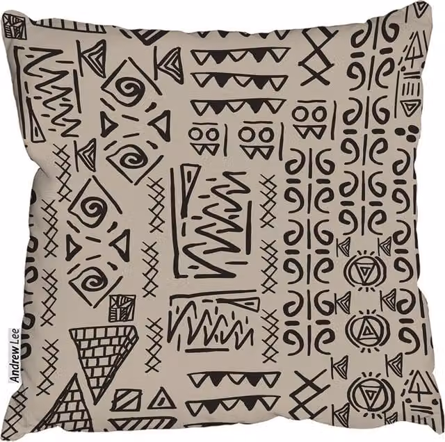 Andrew Lee Striped Egyptian Theme Cushion with Ethnic and Tribal Motifs in Brown and Beige, W: 60 cm, H: 60 cm