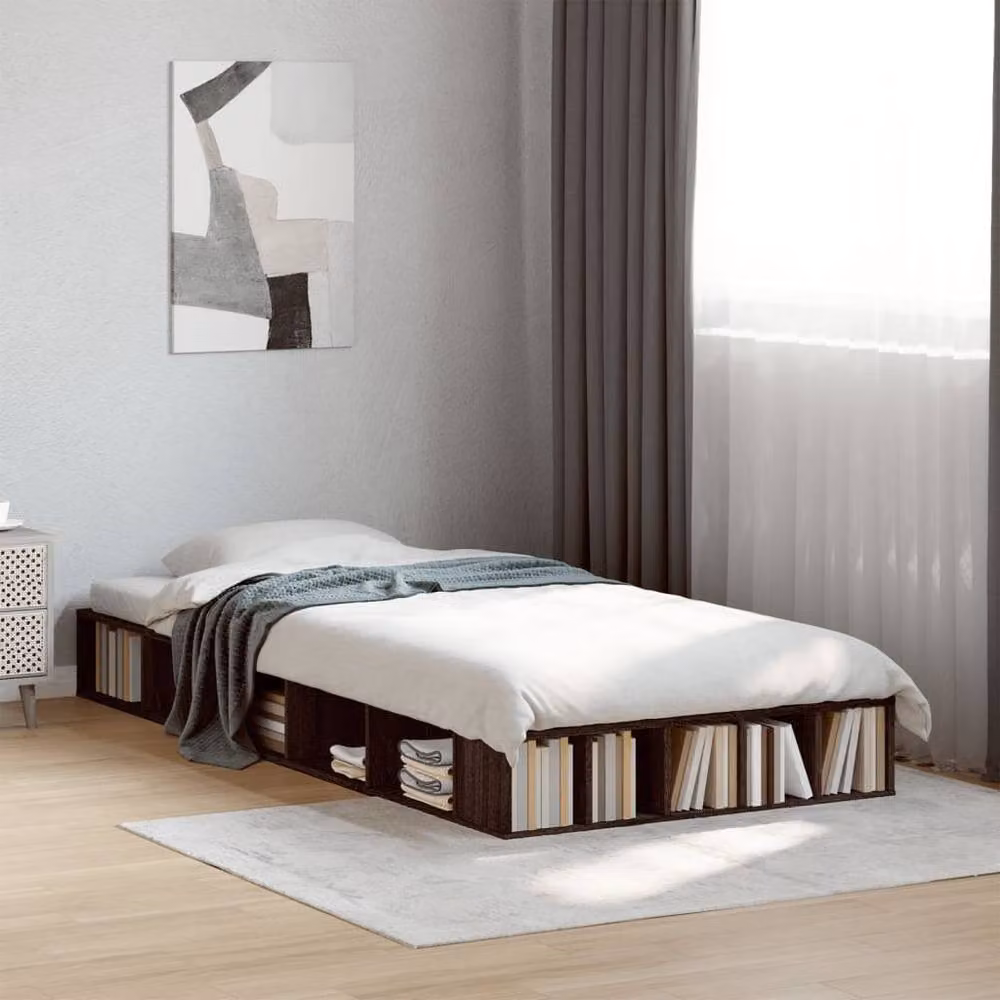 Berkfield Home Single Bed Frame in Brown Oak with Side Compartments, W/D/H: 90 x 190 cm – 2