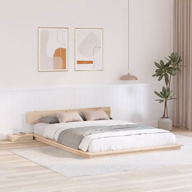 Berkfield Home Solid Pine Floor Bed Frame with Headboard and Bedside Tables, W/D/H: 150 x 200 cm