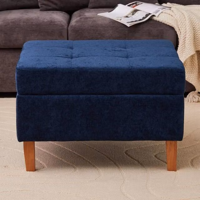 KORVIXA Blue Upholstered Flip Top Bench with Rubberwood Legs, W: 100 cm, D: 60 cm, H: 33.5 cm