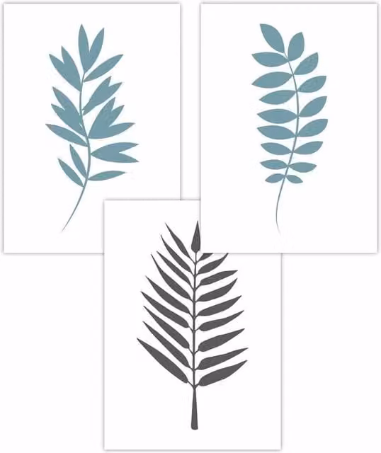 ARTZE Set of 3 Boho Botanical Leaf Art Posters in Blue, Grey and White, W: 30 cm, H: 42 cm