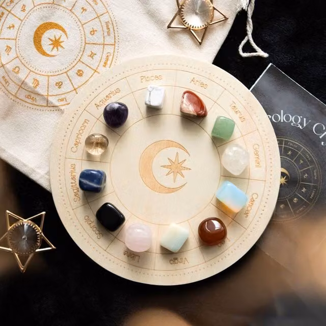 Uniqueful Astrology Wheel Crystal Grid Set, Multicolour Geometric Wood Tabletop Decor