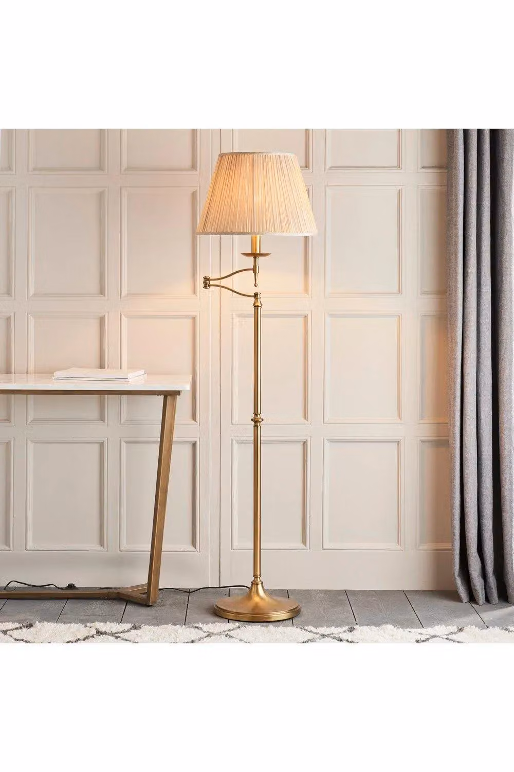 Netlighting Stanford 1 Light Swing Arm Floor Lamp in Antique Brass with Beige Fabric Shade and E27 Socket – 2