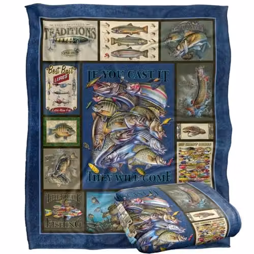 JQ Licensing Fishing Silky Touch Super Soft White Fleece Throw Blanket W: 152 cm, D: 127 cm