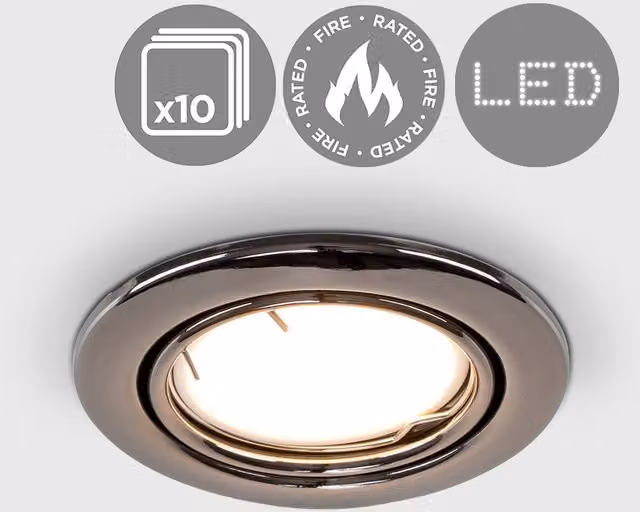 ValueLights 10 Pack of Tiltable Fire Rated Recessed LED Downlights in Black Chrome, 50W, GU10, Round