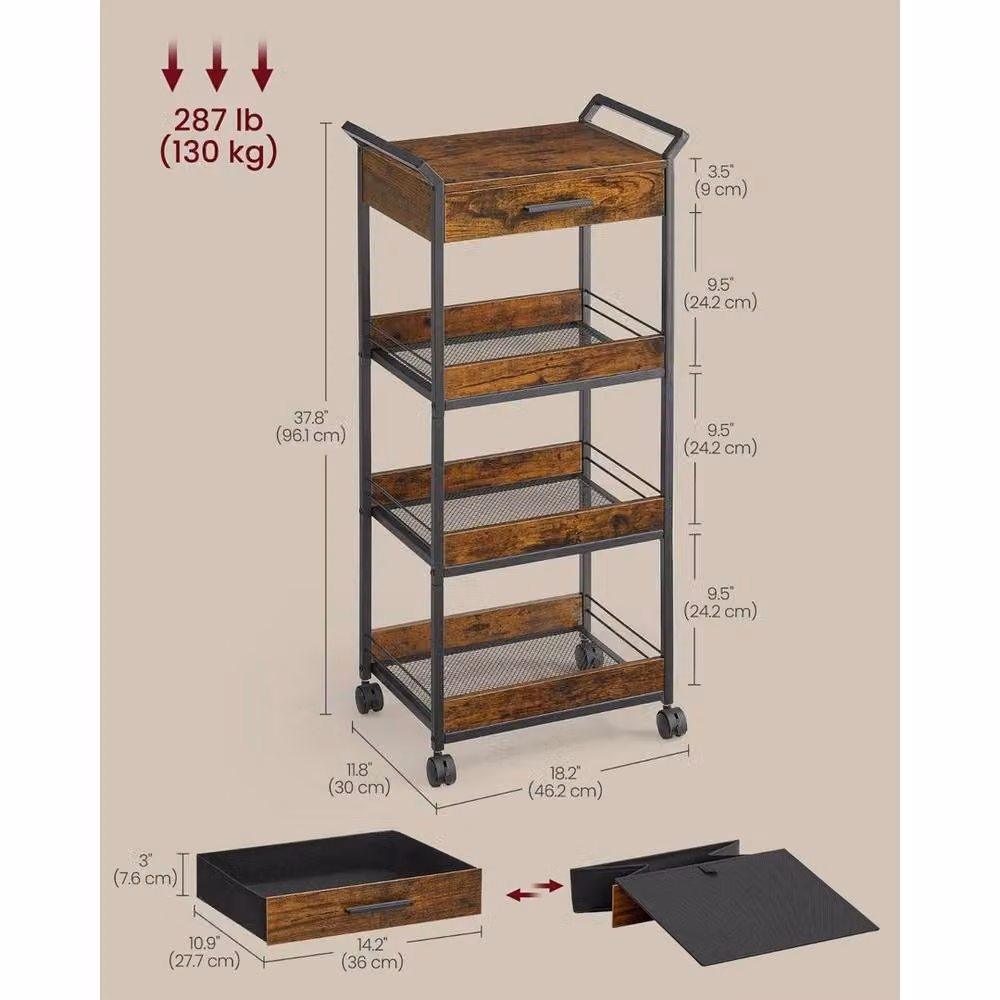 KORVIXA Brown 4-Tier Rolling Storage Trolley – 2
