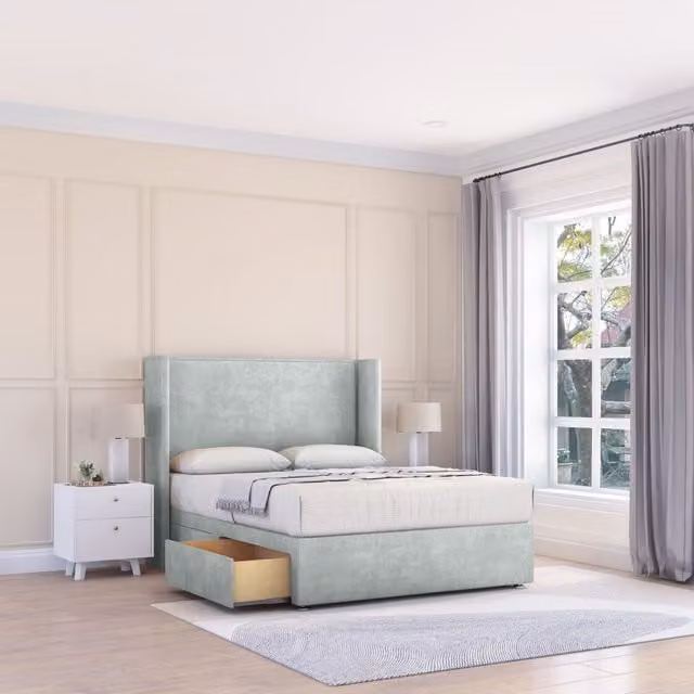 Sloomy Devonshire Naples Wingback Bed Set in Silver Velvet with 2 Drawers and Floor Standing Headboard, W/D/H: 180 x 200 cm