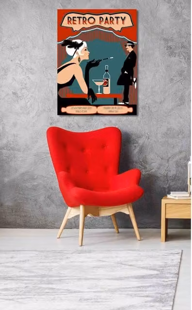 Retro Party Abstract Graphic Art Print by Benjamin Tate Design LTD, Red and Multicolour, W: 31 cm, H: 46 cm