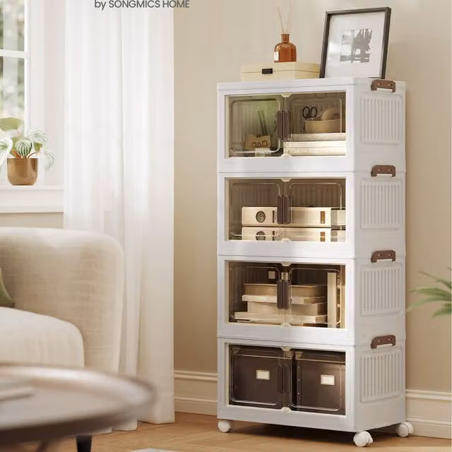 SONGMICS 4-Tier Stackable Storage Boxes with Lid and Wheels, White