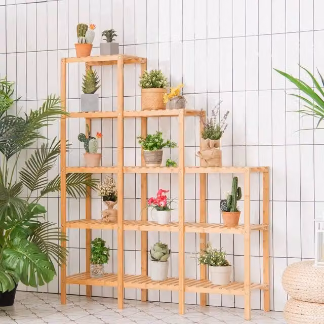 KORVIXA 5-Tier Bamboo Plant Holder Stand in Brown, Height: 100 cm