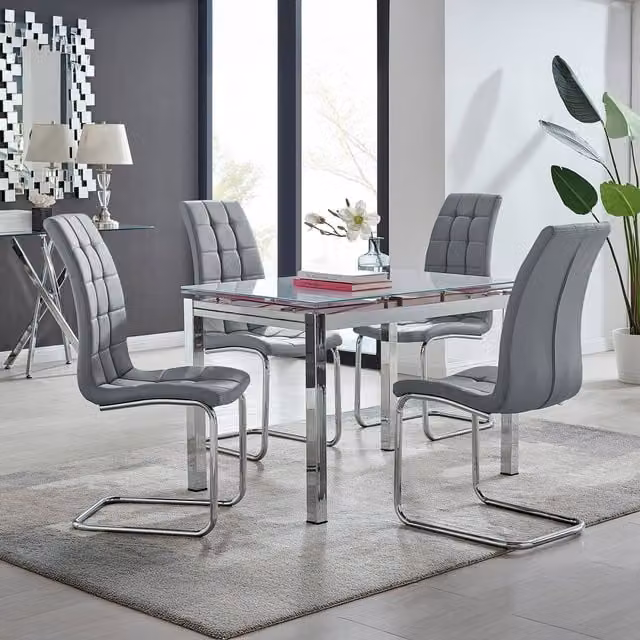 FurnitureboxUK Enna White Glass Extending Rectangular Dining Table and 4 Murano Chairs in Grey