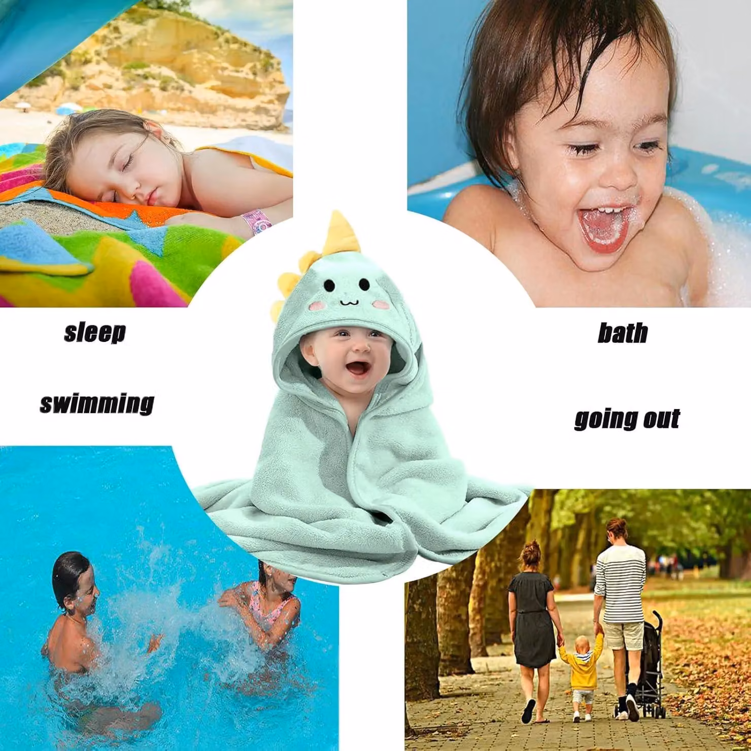 Dyzi Soft Absorbent Microfibre Baby Hooded Towel with Animal Cartoon Design in Light Green and White – 2