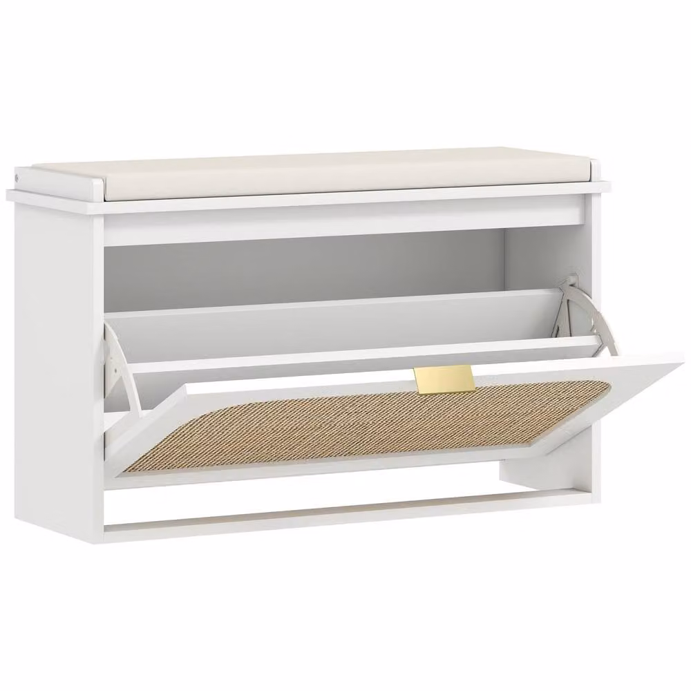 Wyld Haus Kekami White Boho Shoe Bench with Cushioned Seat and Rattan Flip Drawer – 2