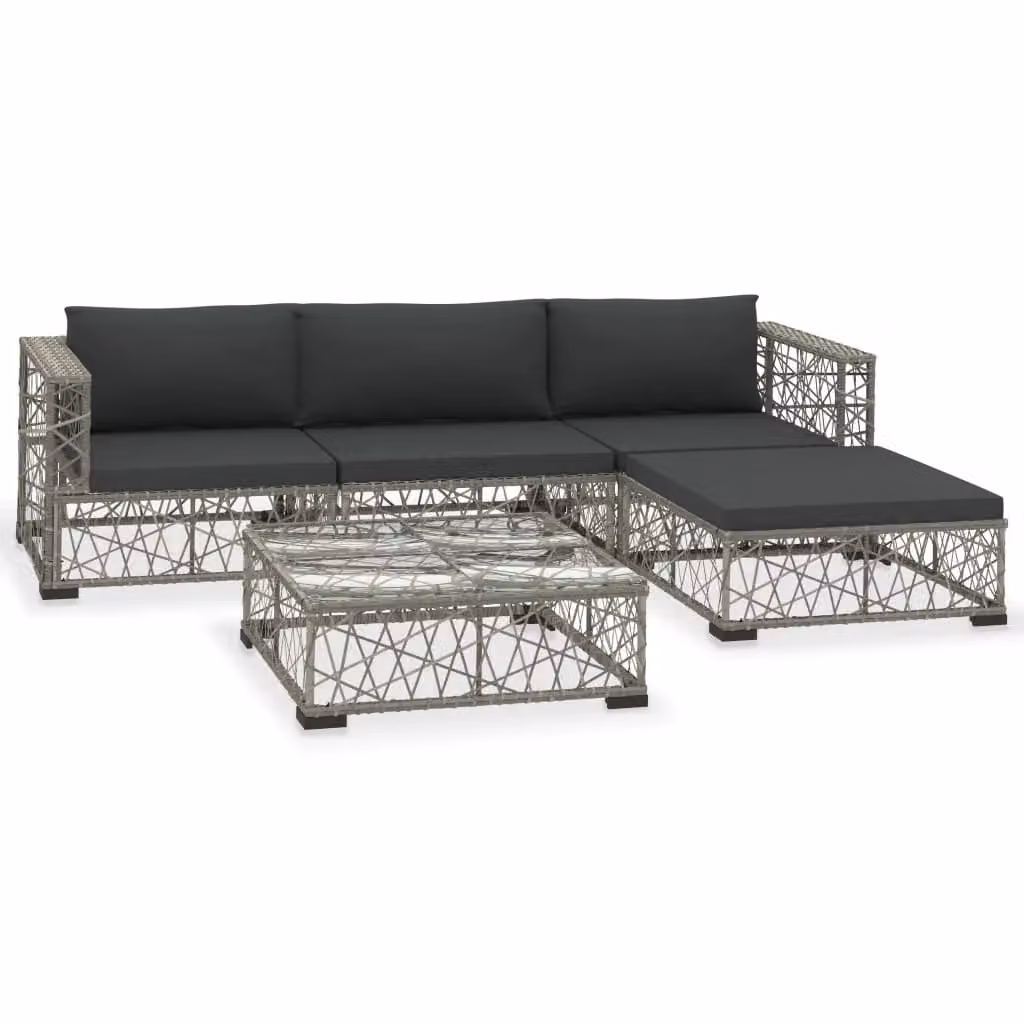Berkfield Home 5 Piece Grey Poly Rattan Garden Lounge Set with Cushions and Ottoman – 2