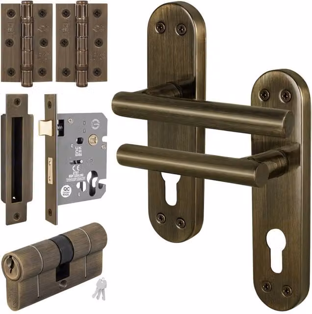 AFIT T-Bar Antique Brass Euro Double Cylinder Lock Set and Hinges in Bronze, 150 x 150 mm
