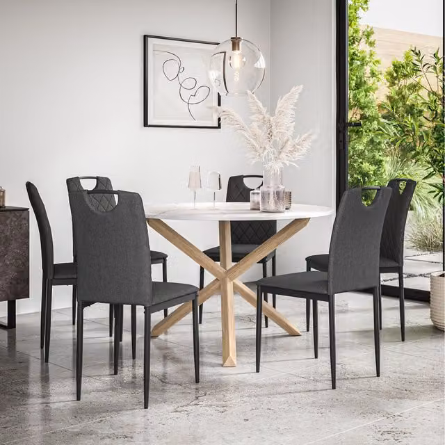 More4Homes Malvern Round Marble Effect Dining Table Set with Oak Legs, Grey and White, 6 Seater, W/D/H: 120 x 120 x 75 cm