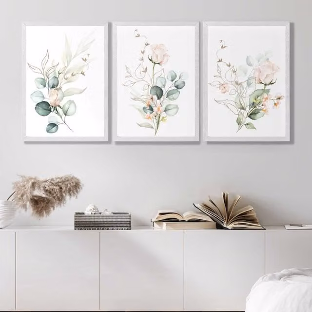 ARTZE Set of 3 Pink Floral Rose Wall Art Prints with White Frames, A4 Size (29.7 x 21.0 cm)