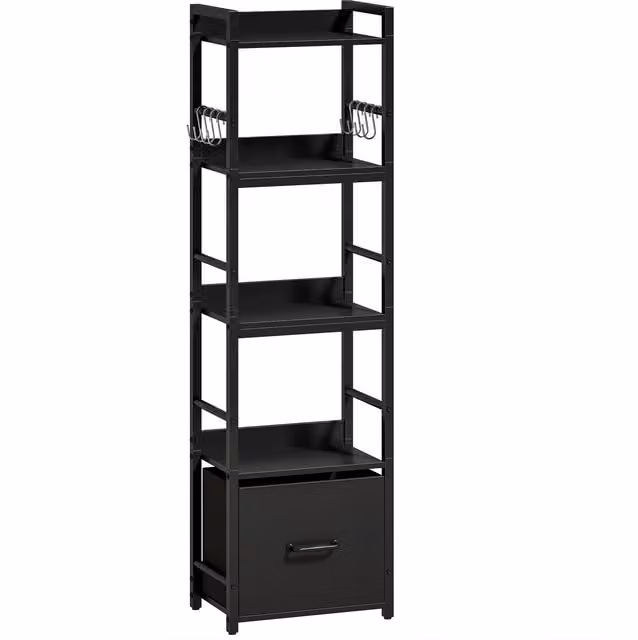 HOMCOM 4-Tier Narrow Black Metal and MDF Bookshelf with Drawer and 8 Hooks