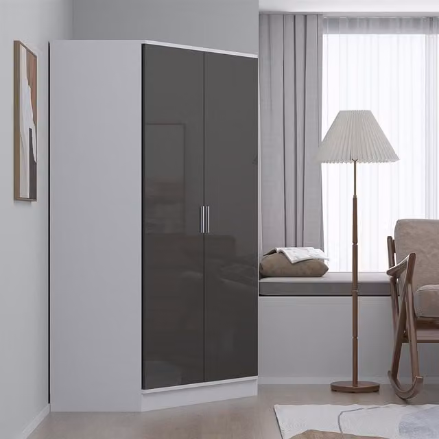 REFLECT 2 Door Corner Wardrobe in Grey High Gloss and White Matt Finish