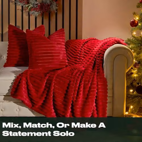 OHS Pack of 4 Red Faux Fur Ribbed Square Cushion Covers, W/D/H: 45 x 45 x 45 cm – 2