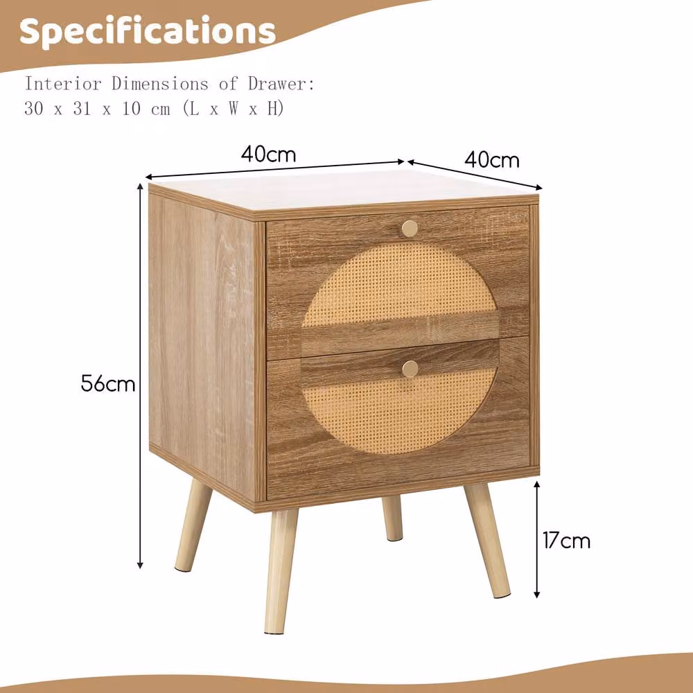 Costway Bohemian Rattan Nightstand and Side Table with 2 Drawers in Natural Brown – 2