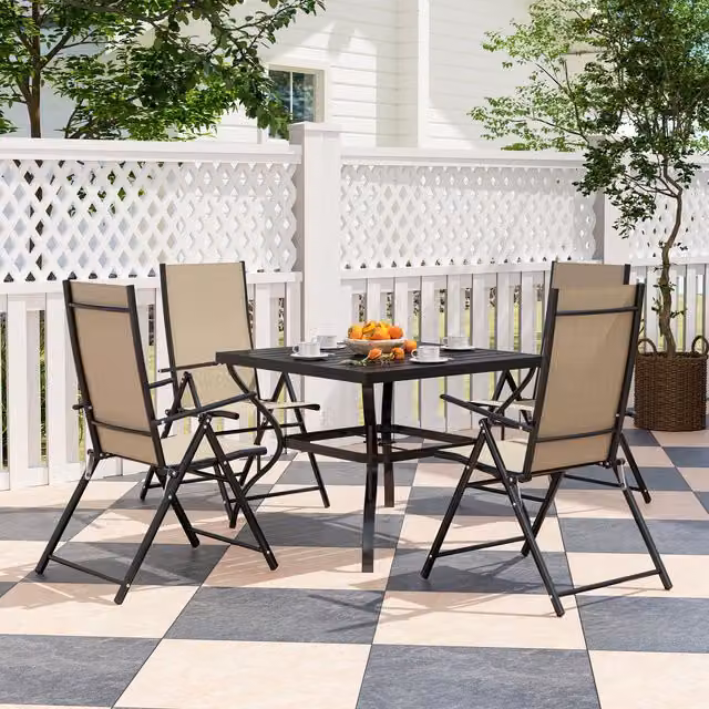 OUTSUNNY 5 Piece Garden Dining Set with Folding Chairs and Metal Top Table in Beige