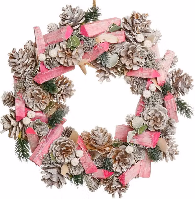 Dibor Pastel Pink and White Driftwood Autumn Winter Hanging Wreath, Diameter: 33 cm – 1