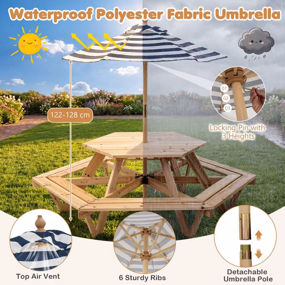 CASART Kids Picnic Table and Bench Set with Removable Adjustable Umbrella in Natural Wood and Multicolour Striped Design – 4