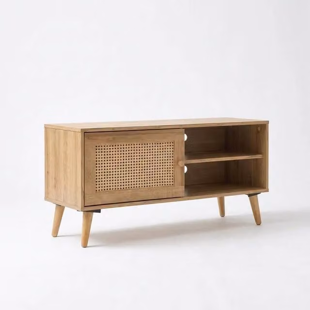 NESTLUNE Oak Rattan 1 Door Small TV Unit Stand in Light Oak, W: 100 cm, D: 15 cm