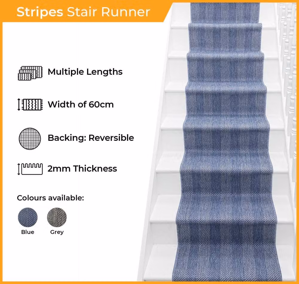 runrug Stripes Reversible and Durable Stair Runner Carpet in Blue, W: 60 cm, L: 630 cm – 2