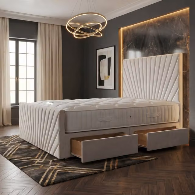 Somnior Beds Ltd Sunrise White Velvet Divan Bed with Hybrid Mattress and Drawers W/D/H: 140 x 200 x 115 cm