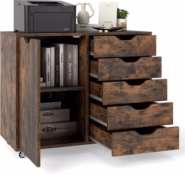 Gymax 5-Drawer Mobile Chest of Drawers with Adjustable Shelf and Lock, Brown – 1