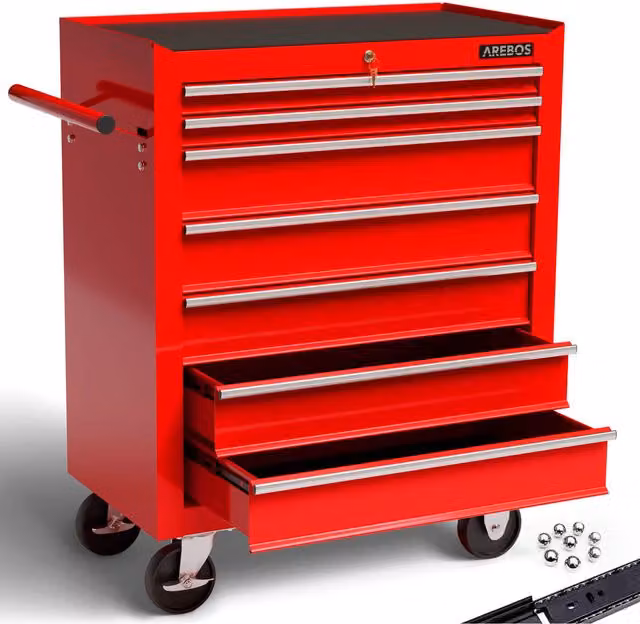 AREBOS Red Steel Tool Cabinet Cart Workshop Trolley with 7 Drawers